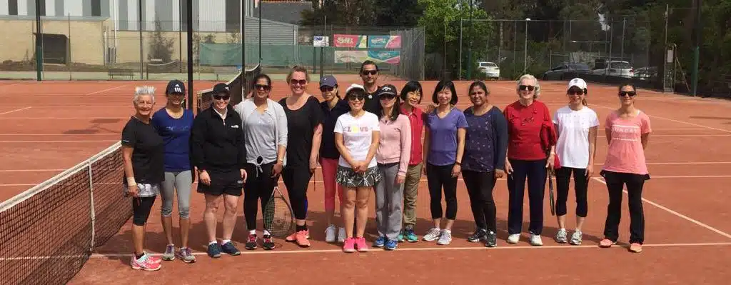 Group of people playing free tennis with Slamin Tennis & Fitness in February 2022 in Doncaster, Vic