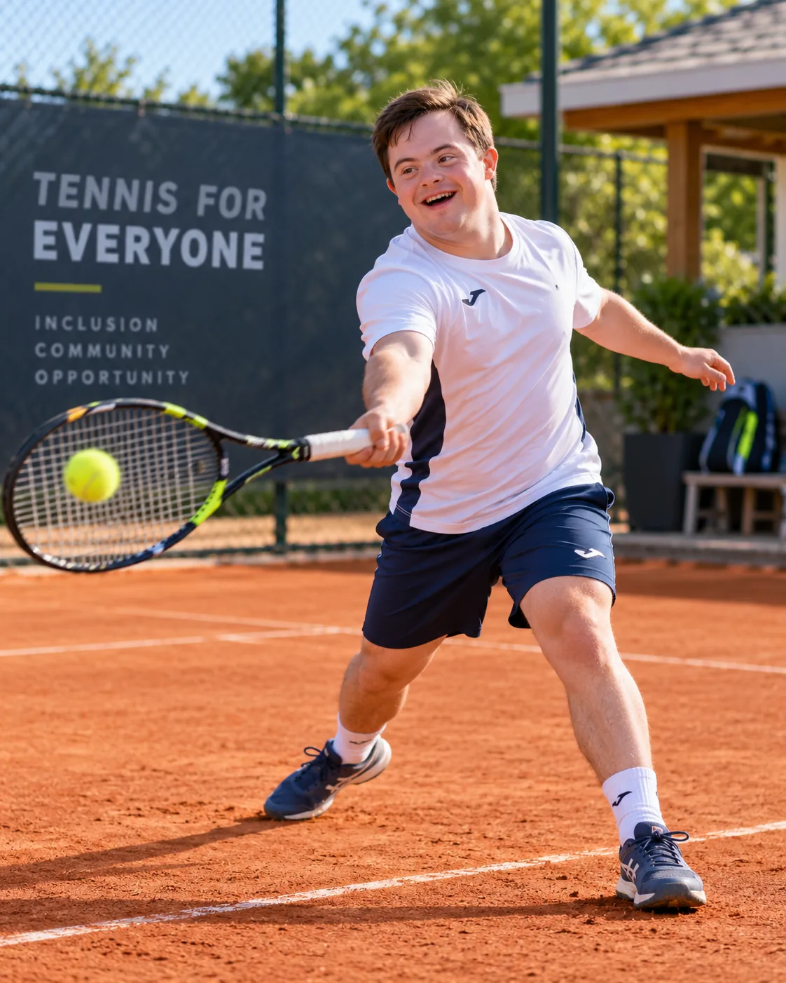Smiling young player stretching for a forehand in front of a Tennis for Everyone banner