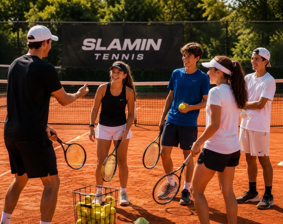 Coach leading a squad session with teenage players at Slamin Tennis