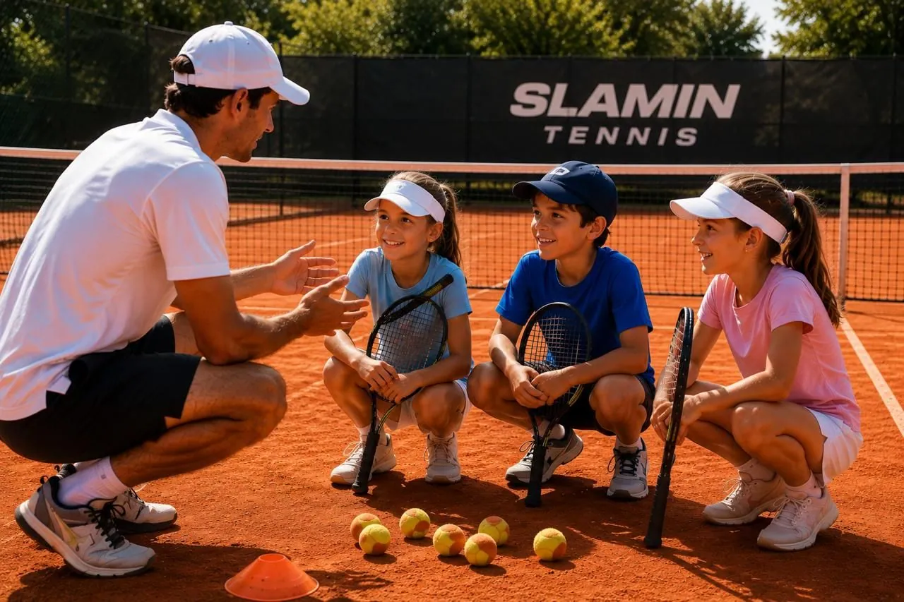 Tennis coach crouching to talk with three junior players on a clay court at Slamin Tennis