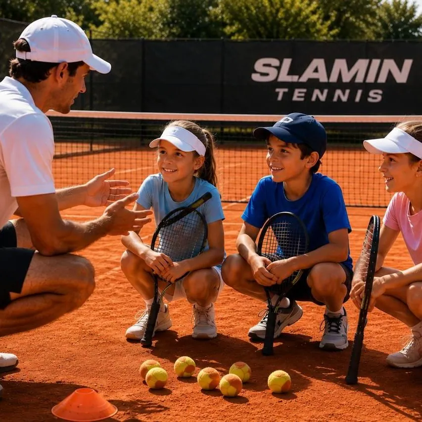 Tennis coach crouching to talk with junior players on court