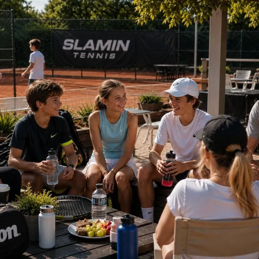 Players and families relaxing together courtside
