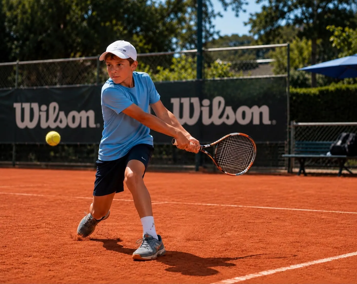 Junior boy hitting a backhand during a technique lesson on a clay court