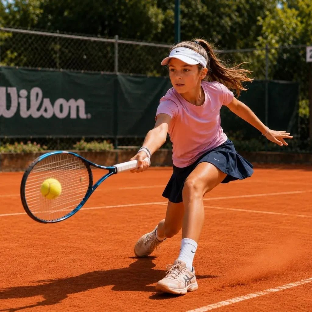 Junior girl stretching for a forehand on a clay court
