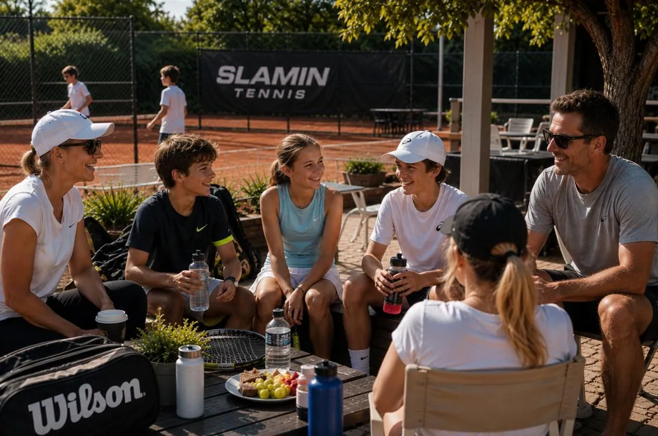Players and families relaxing together courtside at Slamin Tennis