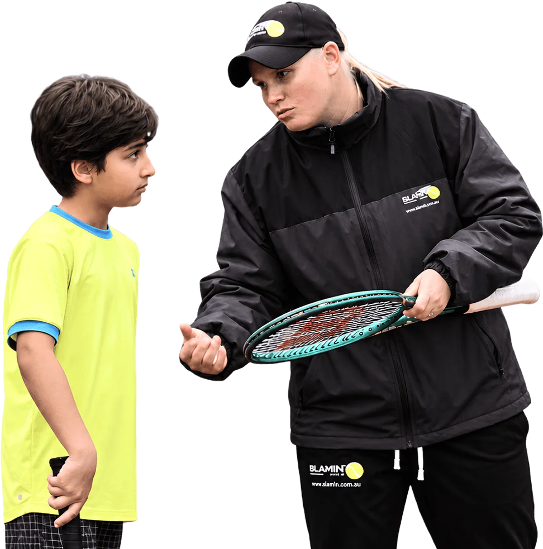 Slamin Tennis coach talking a junior player through his racquet grip